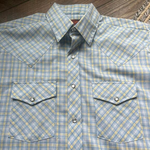 VTG Pearl Snap Stir Ups Western Cowboy Blue Yellow Montgomery Wards Men's Sz XL - Picture 2 of 8